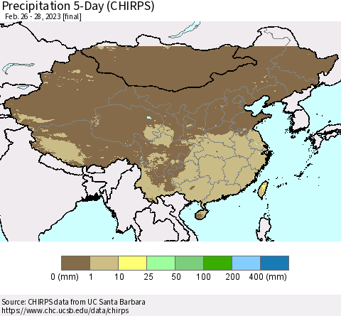 China, Mongolia and Taiwan Precipitation 5-Day (CHIRPS) Thematic Map For 2/26/2023 - 2/28/2023