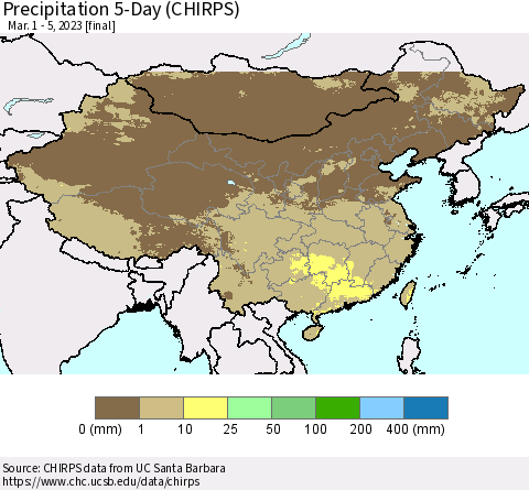 China, Mongolia and Taiwan Precipitation 5-Day (CHIRPS) Thematic Map For 3/1/2023 - 3/5/2023
