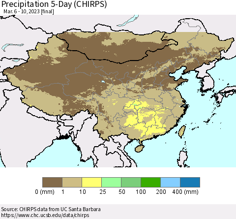China, Mongolia and Taiwan Precipitation 5-Day (CHIRPS) Thematic Map For 3/6/2023 - 3/10/2023