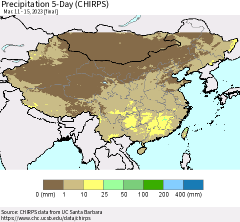 China, Mongolia and Taiwan Precipitation 5-Day (CHIRPS) Thematic Map For 3/11/2023 - 3/15/2023