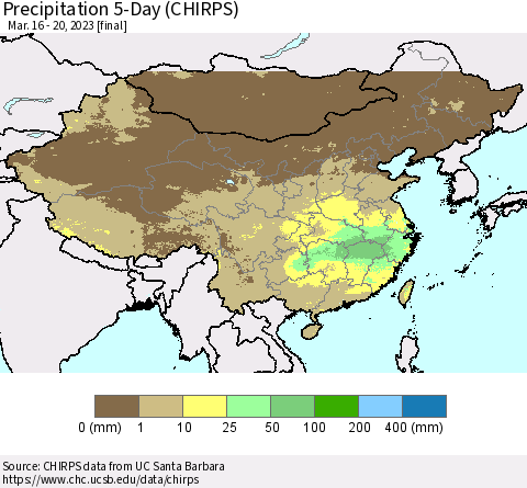 China, Mongolia and Taiwan Precipitation 5-Day (CHIRPS) Thematic Map For 3/16/2023 - 3/20/2023