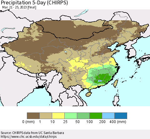 China, Mongolia and Taiwan Precipitation 5-Day (CHIRPS) Thematic Map For 3/21/2023 - 3/25/2023