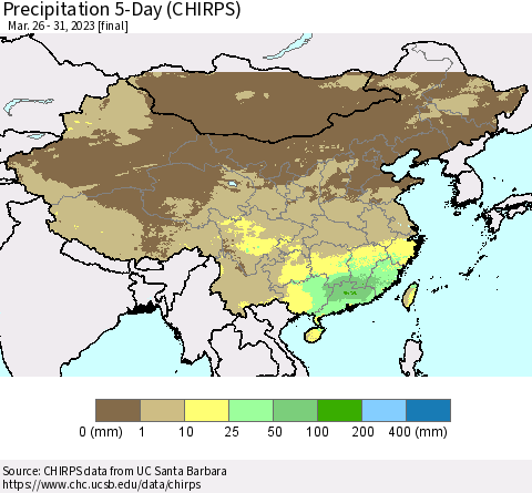 China, Mongolia and Taiwan Precipitation 5-Day (CHIRPS) Thematic Map For 3/26/2023 - 3/31/2023