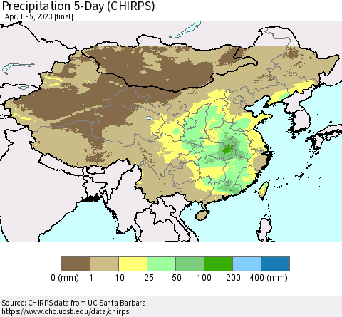 China, Mongolia and Taiwan Precipitation 5-Day (CHIRPS) Thematic Map For 4/1/2023 - 4/5/2023