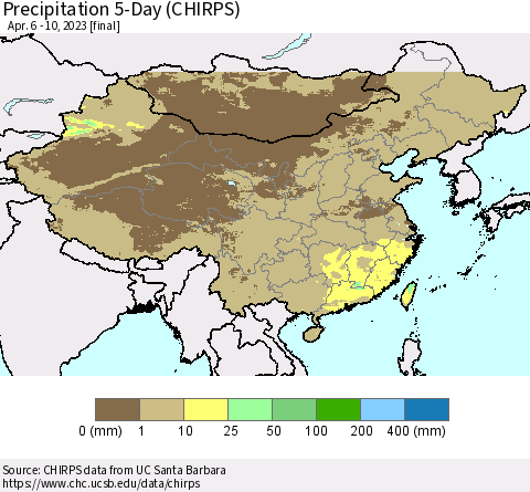 China, Mongolia and Taiwan Precipitation 5-Day (CHIRPS) Thematic Map For 4/6/2023 - 4/10/2023