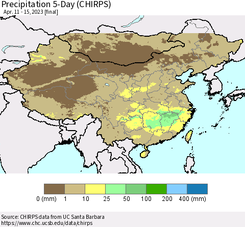 China, Mongolia and Taiwan Precipitation 5-Day (CHIRPS) Thematic Map For 4/11/2023 - 4/15/2023
