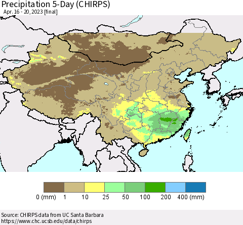 China, Mongolia and Taiwan Precipitation 5-Day (CHIRPS) Thematic Map For 4/16/2023 - 4/20/2023