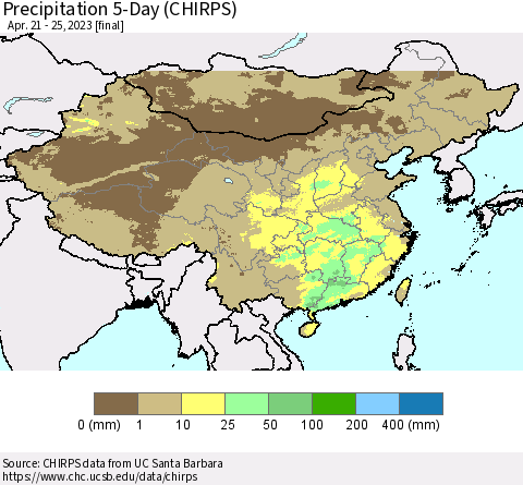 China, Mongolia and Taiwan Precipitation 5-Day (CHIRPS) Thematic Map For 4/21/2023 - 4/25/2023