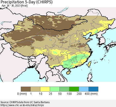 China, Mongolia and Taiwan Precipitation 5-Day (CHIRPS) Thematic Map For 4/26/2023 - 4/30/2023