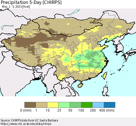 China, Mongolia and Taiwan Precipitation 5-Day (CHIRPS) Thematic Map For 5/1/2023 - 5/5/2023