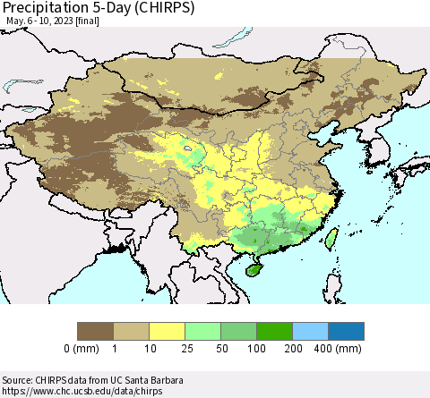 China, Mongolia and Taiwan Precipitation 5-Day (CHIRPS) Thematic Map For 5/6/2023 - 5/10/2023