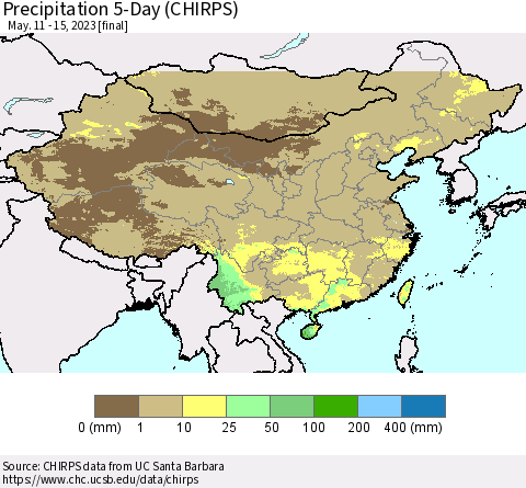 China, Mongolia and Taiwan Precipitation 5-Day (CHIRPS) Thematic Map For 5/11/2023 - 5/15/2023