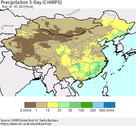 China, Mongolia and Taiwan Precipitation 5-Day (CHIRPS) Thematic Map For 5/16/2023 - 5/20/2023
