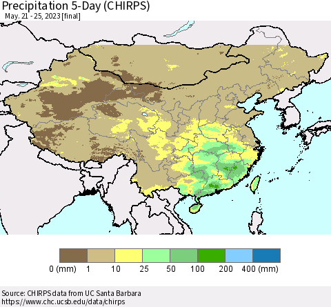 China, Mongolia and Taiwan Precipitation 5-Day (CHIRPS) Thematic Map For 5/21/2023 - 5/25/2023