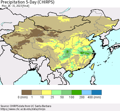 China, Mongolia and Taiwan Precipitation 5-Day (CHIRPS) Thematic Map For 5/26/2023 - 5/31/2023