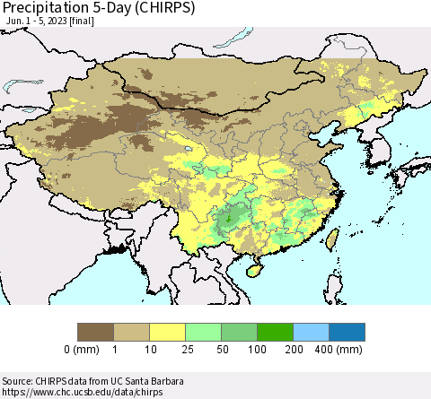 China, Mongolia and Taiwan Precipitation 5-Day (CHIRPS) Thematic Map For 6/1/2023 - 6/5/2023