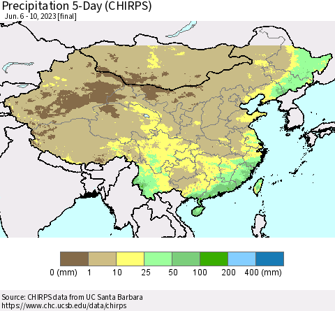 China, Mongolia and Taiwan Precipitation 5-Day (CHIRPS) Thematic Map For 6/6/2023 - 6/10/2023
