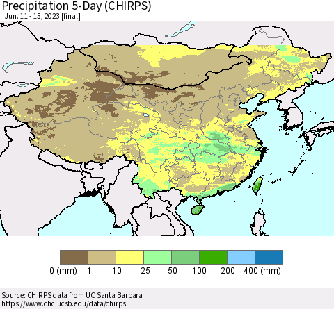 China, Mongolia and Taiwan Precipitation 5-Day (CHIRPS) Thematic Map For 6/11/2023 - 6/15/2023