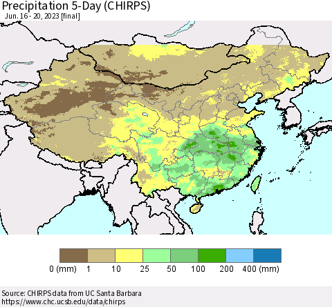 China, Mongolia and Taiwan Precipitation 5-Day (CHIRPS) Thematic Map For 6/16/2023 - 6/20/2023