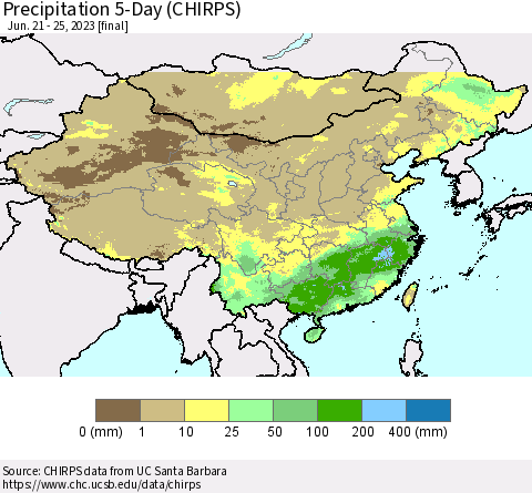 China, Mongolia and Taiwan Precipitation 5-Day (CHIRPS) Thematic Map For 6/21/2023 - 6/25/2023