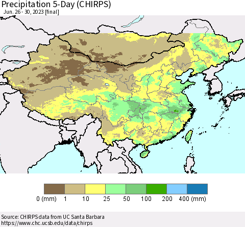 China, Mongolia and Taiwan Precipitation 5-Day (CHIRPS) Thematic Map For 6/26/2023 - 6/30/2023