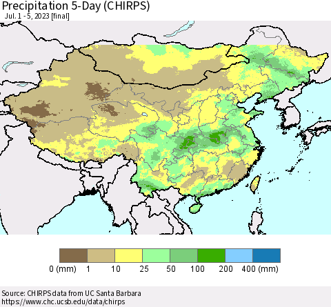 China, Mongolia and Taiwan Precipitation 5-Day (CHIRPS) Thematic Map For 7/1/2023 - 7/5/2023