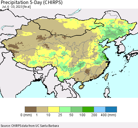 China, Mongolia and Taiwan Precipitation 5-Day (CHIRPS) Thematic Map For 7/6/2023 - 7/10/2023