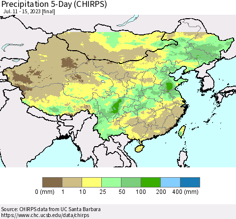 China, Mongolia and Taiwan Precipitation 5-Day (CHIRPS) Thematic Map For 7/11/2023 - 7/15/2023