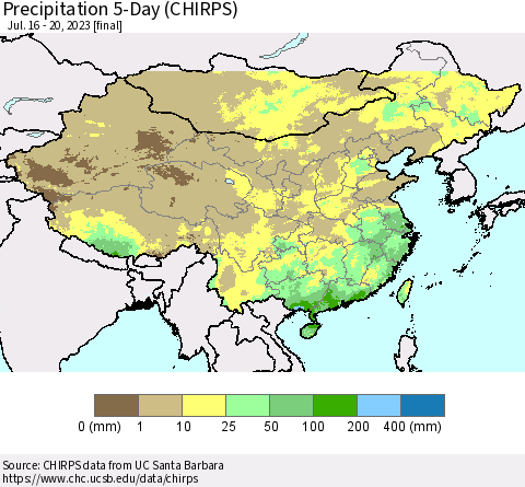 China, Mongolia and Taiwan Precipitation 5-Day (CHIRPS) Thematic Map For 7/16/2023 - 7/20/2023