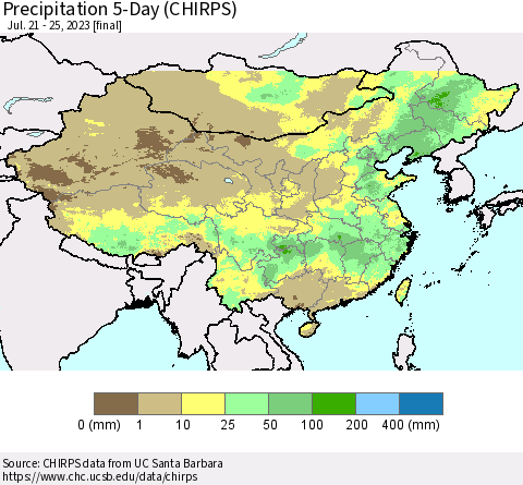 China, Mongolia and Taiwan Precipitation 5-Day (CHIRPS) Thematic Map For 7/21/2023 - 7/25/2023