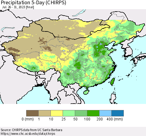 China, Mongolia and Taiwan Precipitation 5-Day (CHIRPS) Thematic Map For 7/26/2023 - 7/31/2023