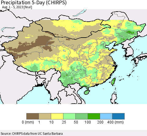 China, Mongolia and Taiwan Precipitation 5-Day (CHIRPS) Thematic Map For 8/1/2023 - 8/5/2023
