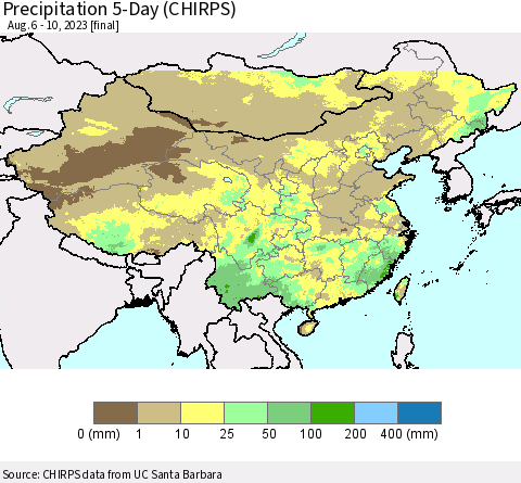 China, Mongolia and Taiwan Precipitation 5-Day (CHIRPS) Thematic Map For 8/6/2023 - 8/10/2023