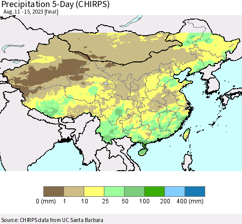 China, Mongolia and Taiwan Precipitation 5-Day (CHIRPS) Thematic Map For 8/11/2023 - 8/15/2023