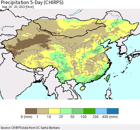 China, Mongolia and Taiwan Precipitation 5-Day (CHIRPS) Thematic Map For 8/16/2023 - 8/20/2023