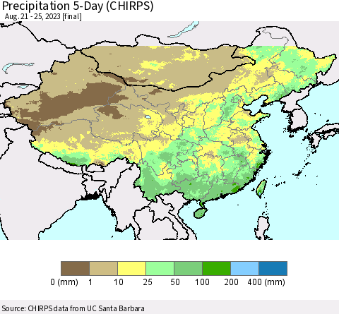 China, Mongolia and Taiwan Precipitation 5-Day (CHIRPS) Thematic Map For 8/21/2023 - 8/25/2023