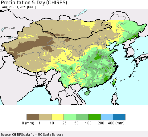 China, Mongolia and Taiwan Precipitation 5-Day (CHIRPS) Thematic Map For 8/26/2023 - 8/31/2023