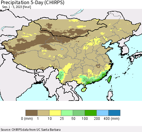 China, Mongolia and Taiwan Precipitation 5-Day (CHIRPS) Thematic Map For 9/1/2023 - 9/5/2023
