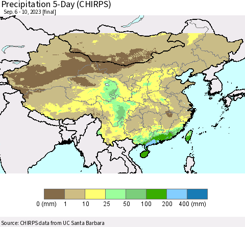 China, Mongolia and Taiwan Precipitation 5-Day (CHIRPS) Thematic Map For 9/6/2023 - 9/10/2023