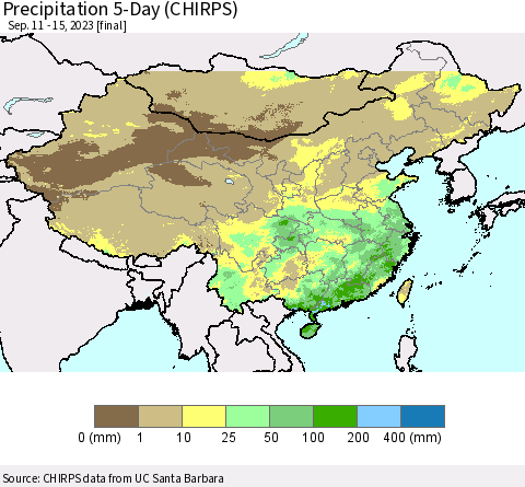 China, Mongolia and Taiwan Precipitation 5-Day (CHIRPS) Thematic Map For 9/11/2023 - 9/15/2023