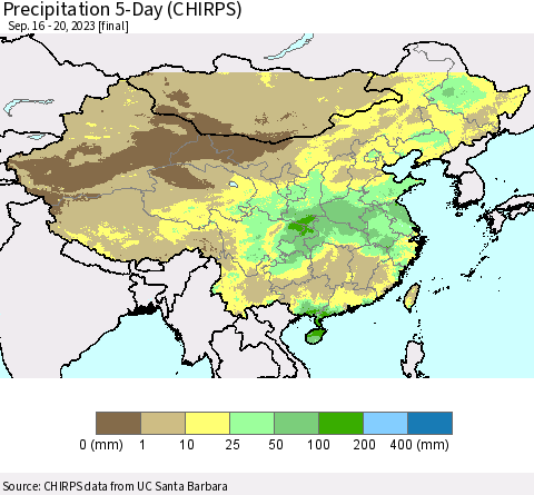 China, Mongolia and Taiwan Precipitation 5-Day (CHIRPS) Thematic Map For 9/16/2023 - 9/20/2023