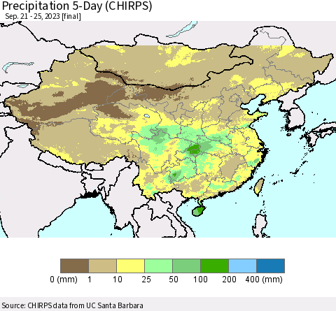 China, Mongolia and Taiwan Precipitation 5-Day (CHIRPS) Thematic Map For 9/21/2023 - 9/25/2023