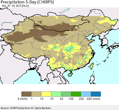 China, Mongolia and Taiwan Precipitation 5-Day (CHIRPS) Thematic Map For 9/26/2023 - 9/30/2023