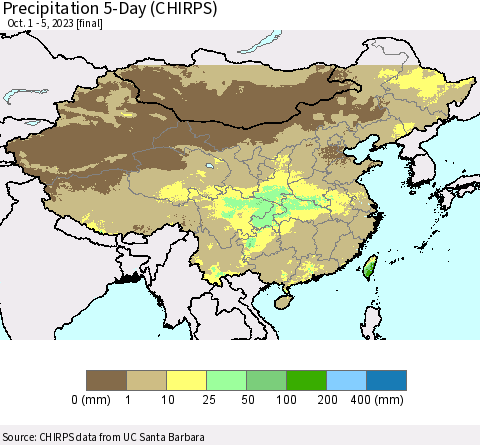 China, Mongolia and Taiwan Precipitation 5-Day (CHIRPS) Thematic Map For 10/1/2023 - 10/5/2023