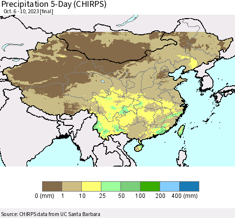 China, Mongolia and Taiwan Precipitation 5-Day (CHIRPS) Thematic Map For 10/6/2023 - 10/10/2023