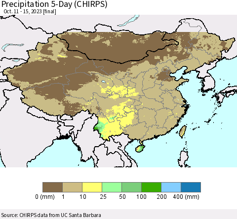 China, Mongolia and Taiwan Precipitation 5-Day (CHIRPS) Thematic Map For 10/11/2023 - 10/15/2023