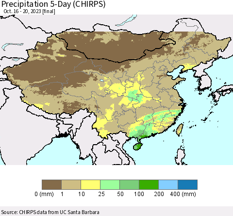 China, Mongolia and Taiwan Precipitation 5-Day (CHIRPS) Thematic Map For 10/16/2023 - 10/20/2023