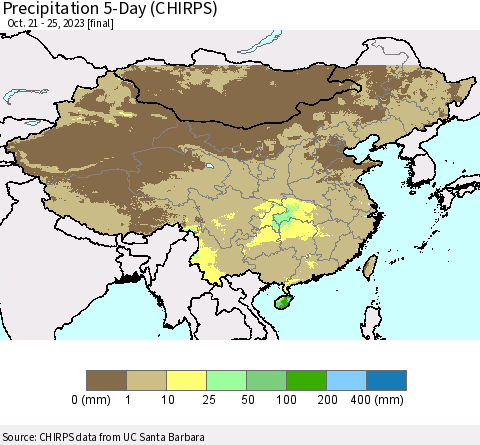 China, Mongolia and Taiwan Precipitation 5-Day (CHIRPS) Thematic Map For 10/21/2023 - 10/25/2023