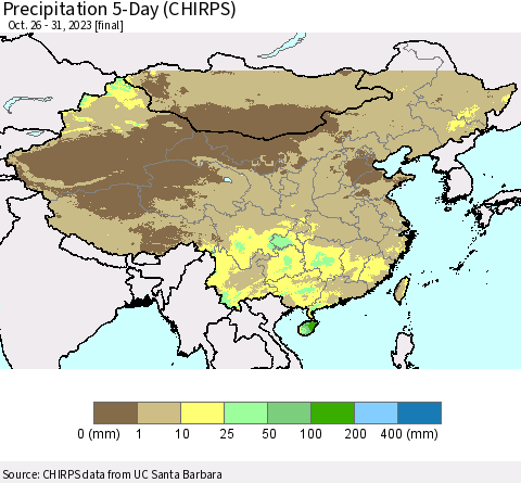 China, Mongolia and Taiwan Precipitation 5-Day (CHIRPS) Thematic Map For 10/26/2023 - 10/31/2023