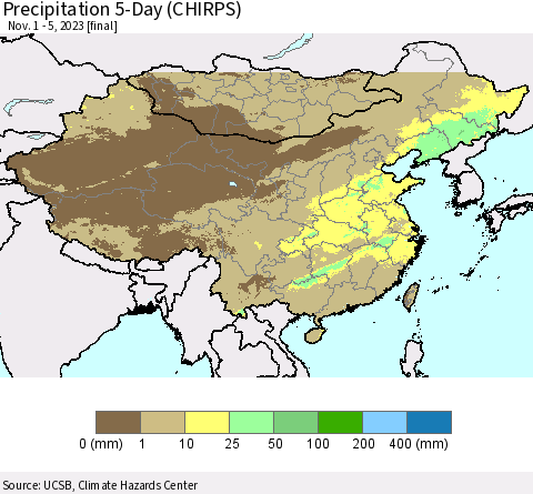 China, Mongolia and Taiwan Precipitation 5-Day (CHIRPS) Thematic Map For 11/1/2023 - 11/5/2023